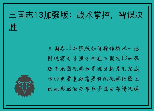 三国志13加强版：战术掌控，智谋决胜