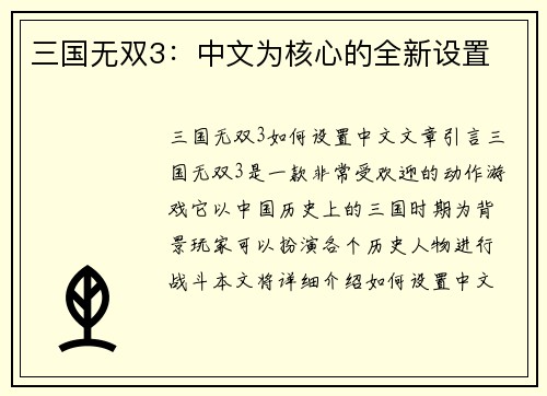 三国无双3：中文为核心的全新设置