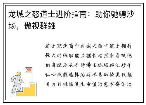 龙城之怒道士进阶指南：助你驰骋沙场，傲视群雄